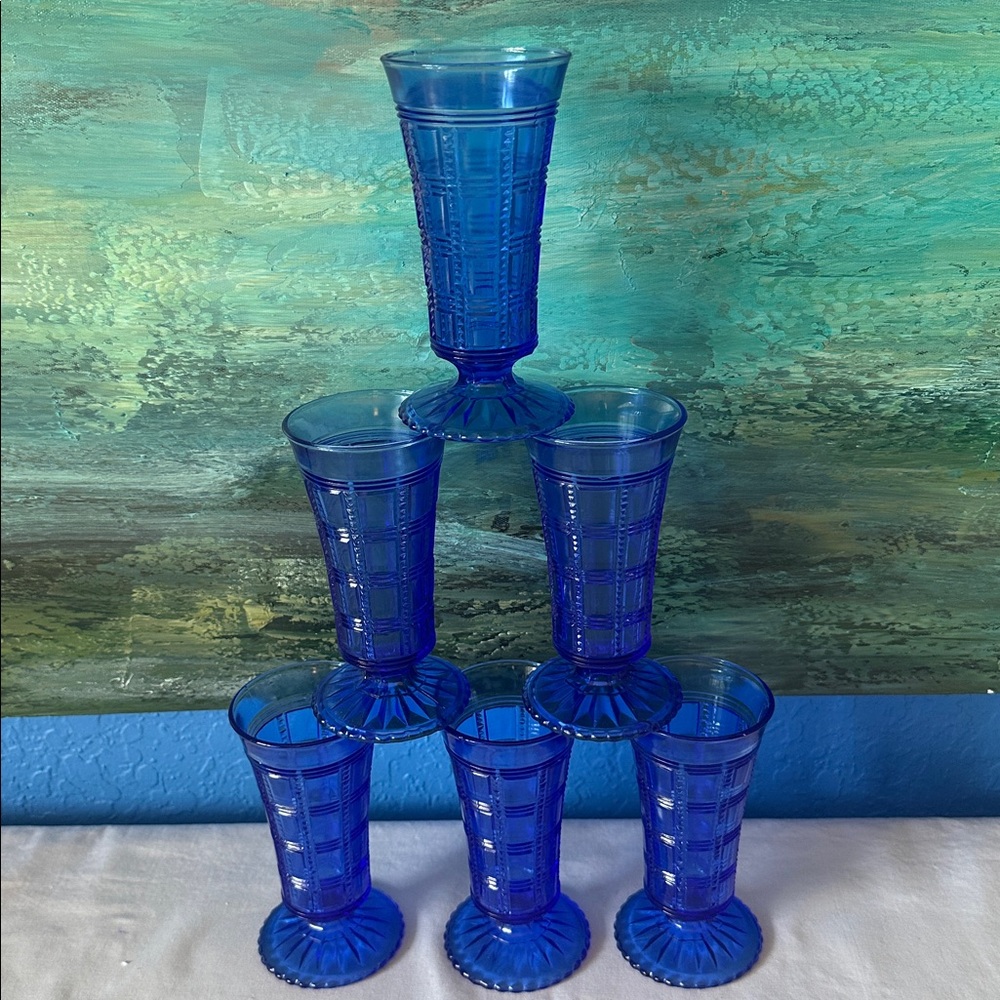 Set of 6 VIntage Imperial Handmade Deep Blue Beaded Block Glasses or Parfait